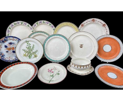GROUP OF FOURTEEN SWANSEA CREAMWARES including tureen on fixed stand, lobed tea-plate, pair of orange-ground circular plates,