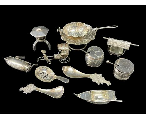 ASSORTED SILVER & WHITE METAL including various novelty cruets, many stamped 'Sterling', strainer on stand, caddy spoons ETCP