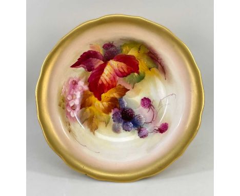 ROYAL WORCESTER BONE CHINA BOWL, dated 1926, painted by Kitty Blake inside and out with autumn leaves, fruiting and flowering