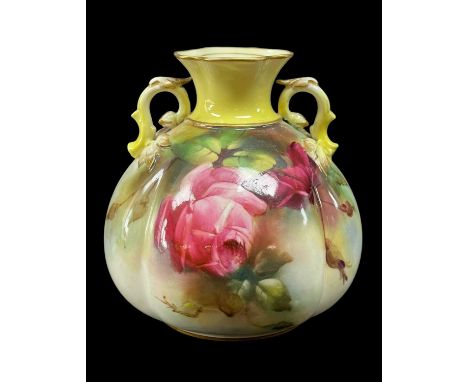 ROYAL WORCESTER BONE CHINA LOBED VASE, dated 1903, painted with pink roses, lemon yellow neck and gilt rim, twin foliate hand