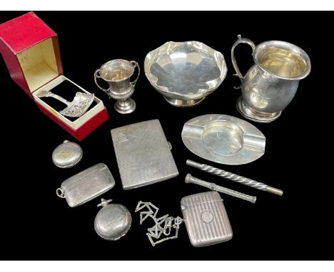 ASSORTED SILVER & COLLECTABLES comprising silver ashtray, silver engine turned cigarette case, two silver vesta cases, two pl