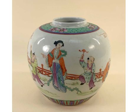 CHINESE FAMILLE ROSE PORCELAIN JAR, painted with two ladies and seven children playing on a terrace, base with red printed 4-