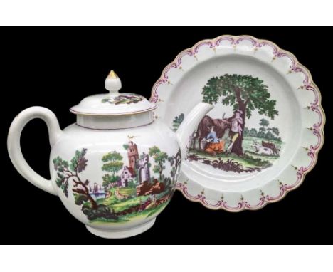 18TH CENTURY WORCESTER comprising teapot and cover printed in puce with 'Ruin by the Cliff', the reverse with 'Two Bridges', 