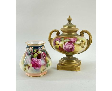 TWO ROYAL WORCESTER BONE CHINA VASES, one a vase and cover shape 2296, painted by F. Harper with roses, gilt highlights, on s