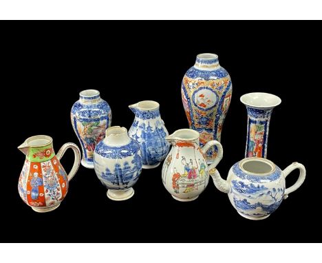 EIGHT CHINESE EXPORT PORCELAIN VESSELS, Qianlong/Jiaqing, including famille rose baluster milk jug, 2 similar blue & white an