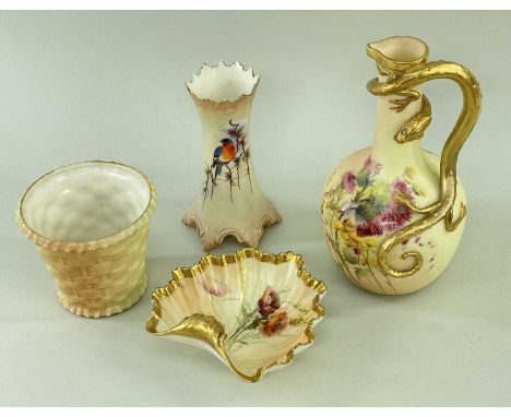 FOUR WORCESTER BLUSH IVORY BONE CHINA ITEMS, comprising Royal Worcester 260 dragon ewer, 27.5cm h; Royal Worcester 1413 clam 