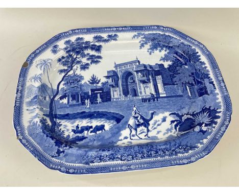 JOHN ROGERS 'CAMEL' PATTERN BLUE & WHITE PRINTED MEAT PLATTER, scene derived from Plate 25 - 'Gate Leading to a Musjed Atchun