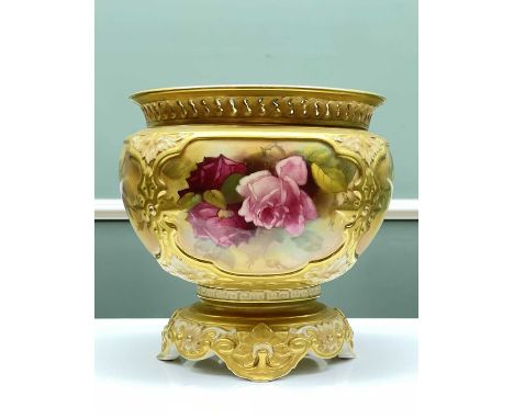 ROYAL WORCESTER BONE CHINA CACHE POT, shape H118 painted by Mildred Hunt with roses in panels with gilt highlights, on a rais