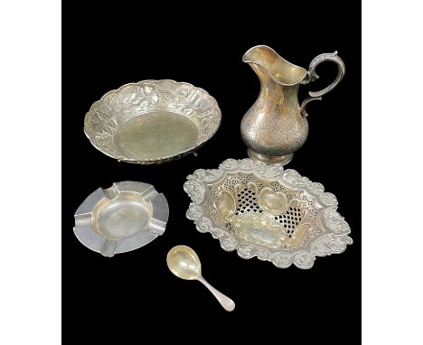 ASSORTED SILVERWARE, comprising silver pierced oval bon bon dish, Birmingham, Victorian silver engraved jug, Sheffield 1879, 