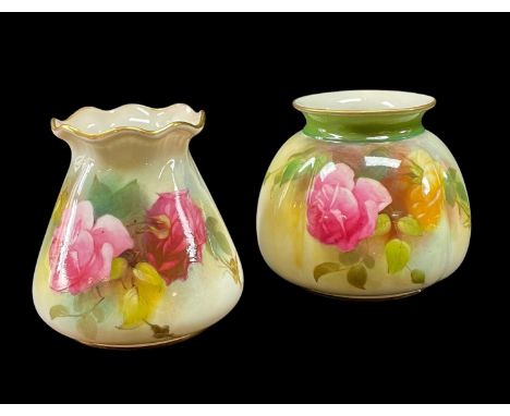 TWO ROYAL WORCESTER BONE CHINA VASES, first dated 1919, shape no. G957, painted with pink roses, puce mark, 8.2cm h; second d
