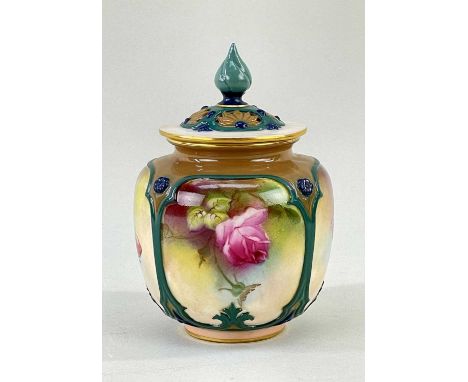 ROYAL WORCESTER BONE CHINA POT POURRI JAR & COVER, dated 1911, shape H162, painted with pink roses within 4 shaped panels, pi