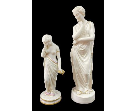 TWO CLASSICAL FIGURINES comprising Royal Worcester figurine of a maiden holding a dead bird, 25.5cms high, together with a pa