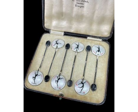 GEORGE V ART DECO SILVER & ENAMEL CASED COFFEE SPOONS, Turner & Simpson, Birmingham 1933, the circular bowls guilloche enamel