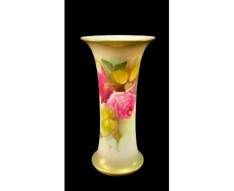 ROYAL WORCESTER BONE CHINA TRUMPET VASE, dated 1917, shape no. G923, painted by Ethel Spilsbury with pink roses, gilt rims, p