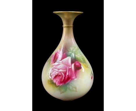 ROYAL WORCESTER BONE CHINA VASE, shape H293, painted with pink roses, gilt rims, 18.5cm hComments: good condition
