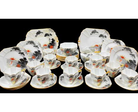 SHELLEY FORTY-PIECE PART TEA SET, decorated in 'Sunset Flowers' pattern, number 16911, comprising 12 cups, 12 saucers, 12 pla