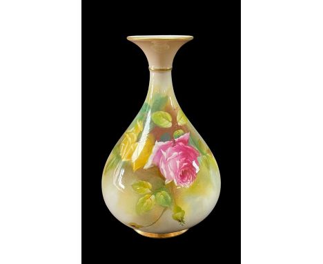 ROYAL WORCESTER BONE CHINA VASE, shape H293, painted by H. Austin with yellow and pink roses, gilt rims, 18.5cm hComments: go