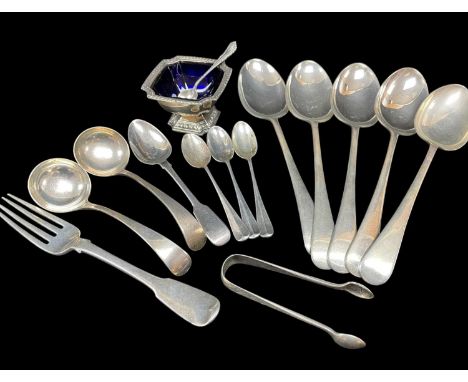 ASSORTED SILVER FLATWARE, including set 5 Elizabeth II 'Old English' pattern tablespoons, pair George V 'Old English' sauce l