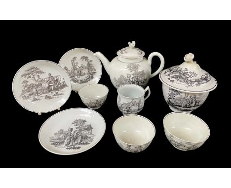 COLLECTION OF 18TH CENTURY BLACK TRANSFER PRINTED WORCESTER comprising tea bowl and saucer and wishbone handled coffee cup in