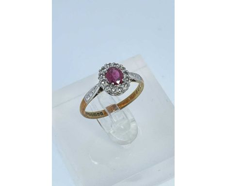 18CT GOLD & PLATINUM RUBY & DIAMOND CLUSTER RING, the single ruby (5 x 4mms) surrounded by twelve diamonds, ring size M, 2.9g