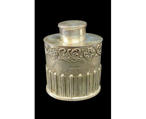 LATE VICTORIAN SILVER TEA CADDY, oval shape, half fluted with embossed design, Sheffield 1899, Roberts & Belk, 10cms highProv