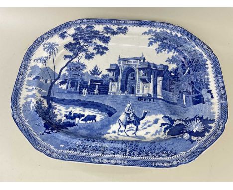 JOHN ROGERS 'CAMEL' PATTERN BLUE & WHITE PRINTED TREE AND WELL MEAT PLATTER, scene derived from Plate 25 - 'Gate Leading to a