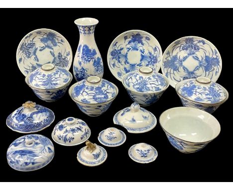 ASSORTED CHINESE BLUE & WHITE PORCELAIN, including set of 5 lotus pond painted rice bowls with 4 matching covers and 3 matchi