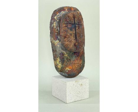 PETER HAYES (British, b. 1946) stoneware head on white stone base - with textured irridescent finish, signed and dated 2000 t