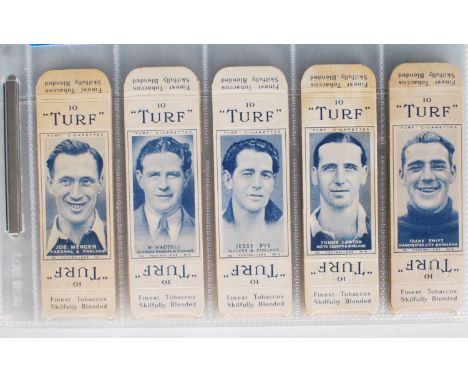 A full set of vintage Turf uncut cigarette packets / cards '50 Footballers' printed in blue on cigarette boxes, housed in pla