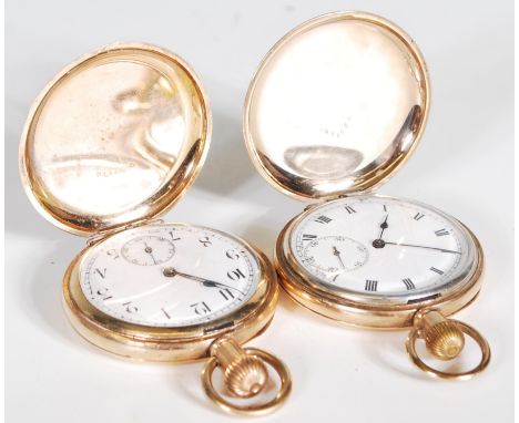 2 early 20th century gold plated full hunter pocket watches. Both with enamel dials, each with sub dials. One With Elgin USA 