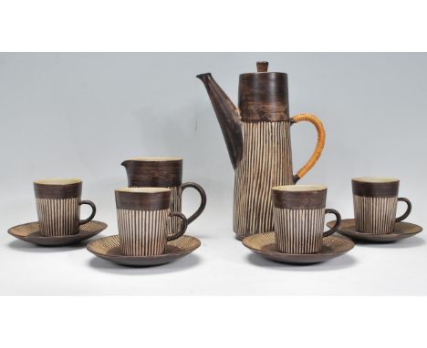 A vintage retro BR Denmark Amazonas pattern coffee service having a brown ground with ribbed decoration to include coffee pot
