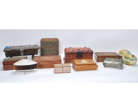 A collection of vintage wooden storage / scientific cases / boxes together with a pair of cardboard easter egg boxes from the