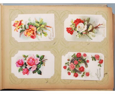 A good early 20th Century Edwardian French postcard album filled with postcards, postcards to include many greeting cards, po