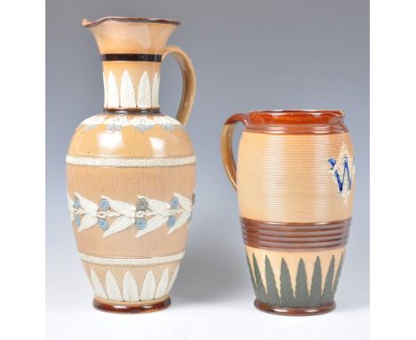 A late 19th century Victorian large Doulton Lambeth jug designed by Alice Caffin, circa 1880 - 1890. Tall amphora form with a