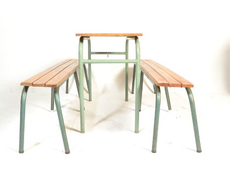 A set of&nbsp; mid century retro enamel painted tubular metal and wooden refectory benches. Each with painted metal frames in