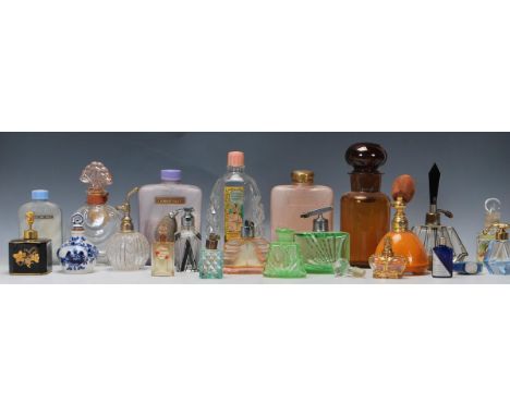 A collection of vintage 20th Century perfume bottles and atomisers to include Art Deco examples, talcum powder bottles, Frenc