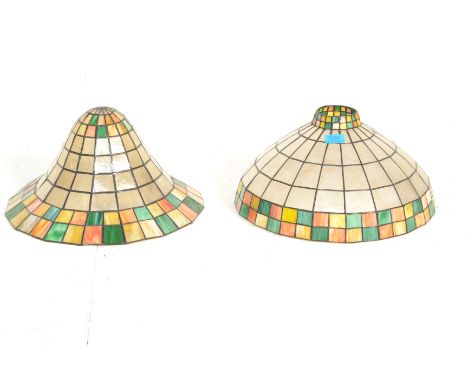 Two 20th Century Tiffany style leaded and coloured glass ceiling light shade / fixture, one being an uplighter. Measures 40cm
