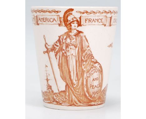 A rare antique WWI First World War related Royal Doulton ceramic beaker / cup ' Victory And Peace 1919 '. Decorated with all 