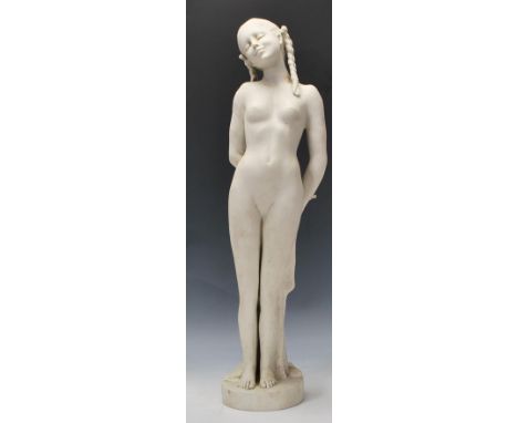 A 20th Century blanc de chine ceramic bisque&nbsp;standing&nbsp;figurine depicting a nude woman having plaited hair. Signed. 