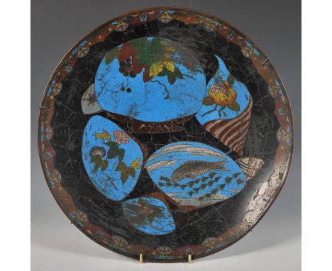 An antique Japanese Cloisonne wall charger plate having enamelled decoration depicting shells decorated with florals and fish