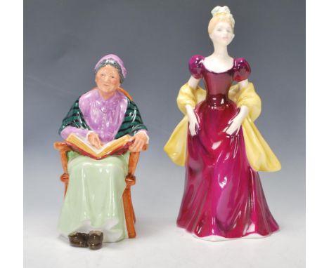 Two Royal Doulton ceramic Bone China figurines, The Family Album HN2321 and Loretta HN2337, both with Royal Doulton stamps to