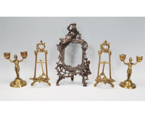 A matching pair of contemporary Rococo style brass&nbsp;table easels having&nbsp;acanthus and scroll decoration. Together wit