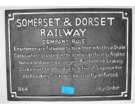 A 20th Century cast iron reproduction vintage railway sign for Somerset and Dorset Railway, of rectangular form having a blac