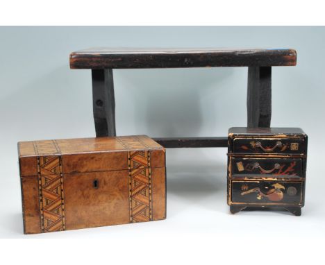 A collection of items to include a 19th century milking / parlour stool together with a 19th century Tunbridge inlaid tea cad