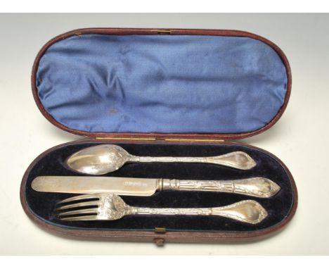 A Victorian 19th century set of 3 silver hallmarked knife, fork and spoon cased presentation set. Hallmarked for 1870 by make