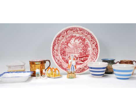 A collection of mixed ceramics dating from the 19th Century to include a Mason's red and white transfer printed centrepiece p