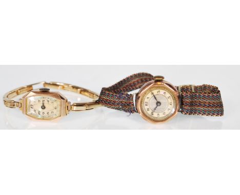 Two early 20th century 9ct gold wristwatches to include a rectangular shaped watch with a mother of pearl face and arabic num