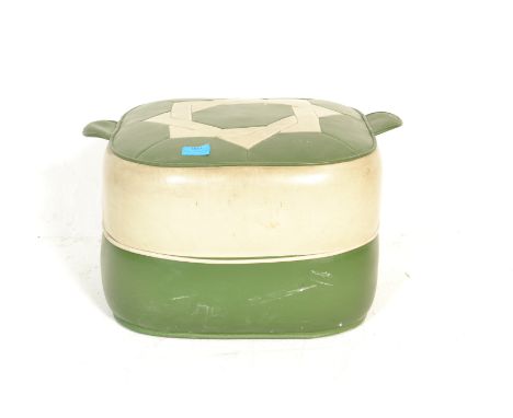 A vintage retro 20th Century two tone leatherette pouffe, the pouffe in a green and cream colorway with geometric design star