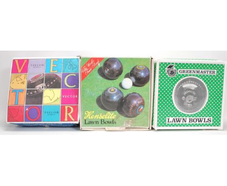 Three set of boxed vintage 20th Century lawn bowls to include Henselite, Vector Taylor Bowls and Greenmaster. Two sets appear