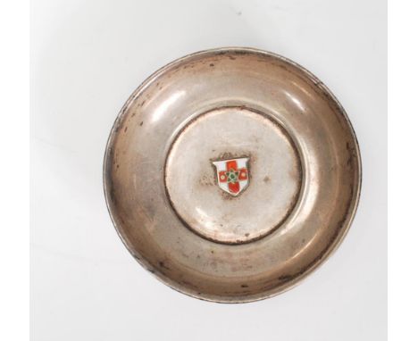 A silver hallmarked dish with enamel coat of arms to centre. Birmingham hallmarked for WIlliam Aitkin, date letter U for 1919